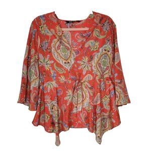 Zara Women's M Paisley V-Neck Flutter Hem Bell Sleeve Drawstring Waist Boho Top